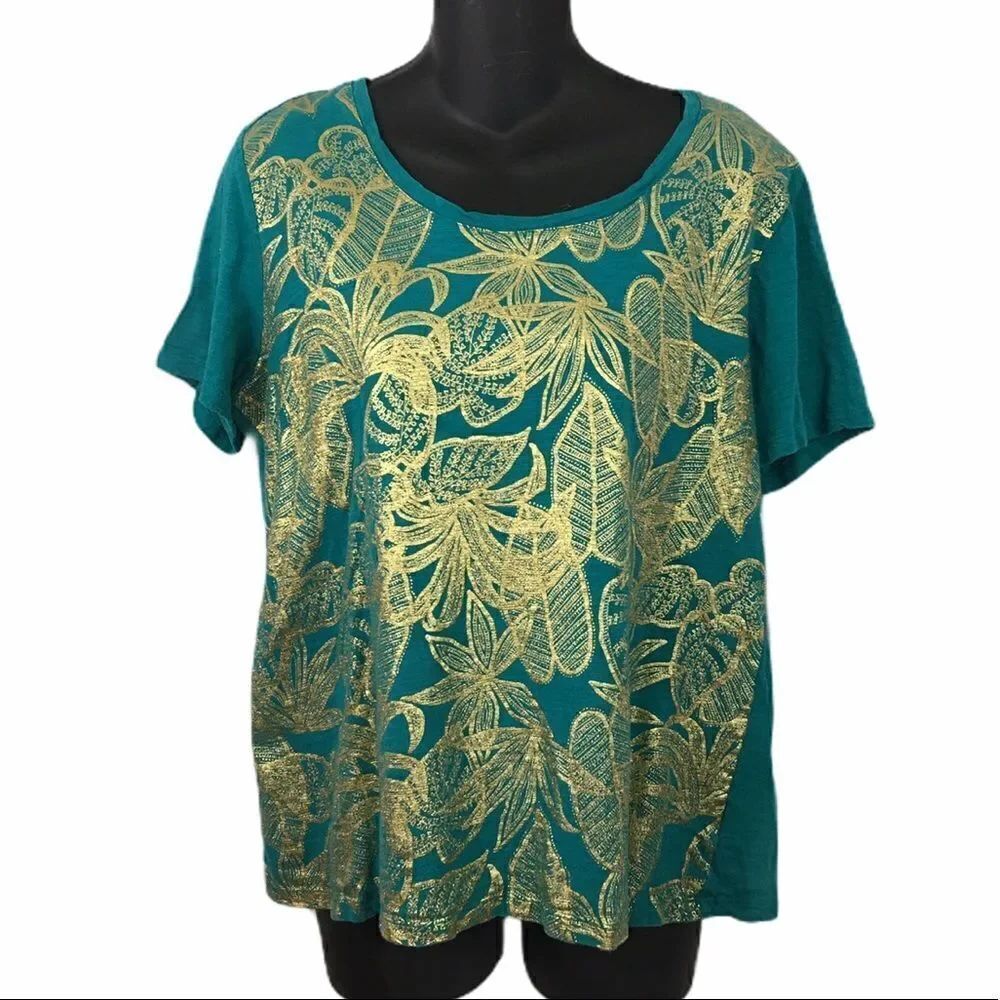 Coral Bay Gold Foiled Teal Short Sleeve Top Size Large